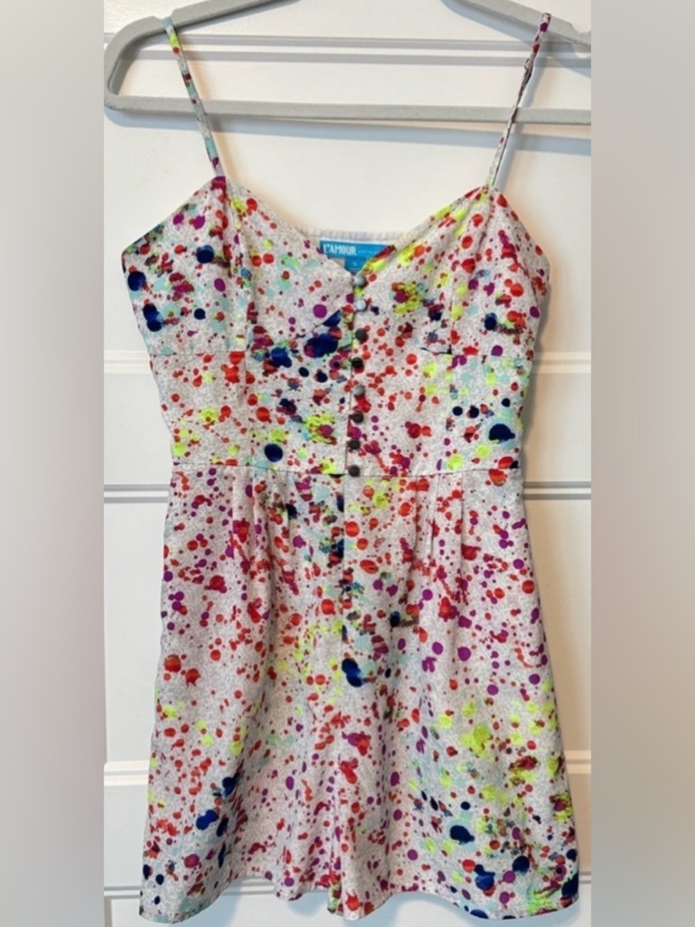 🏷️ 3/$30 L’Amour Nanette Lepore Paint Splatter Romper S Y2K Festival Colorful